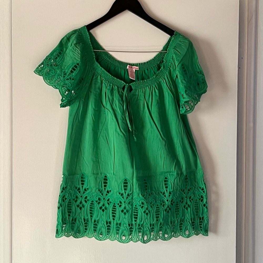 ANTHROPOLOGIE Lu Lu Lame Green Silk Cotton Lace Short Sleeve Top. Women’s small